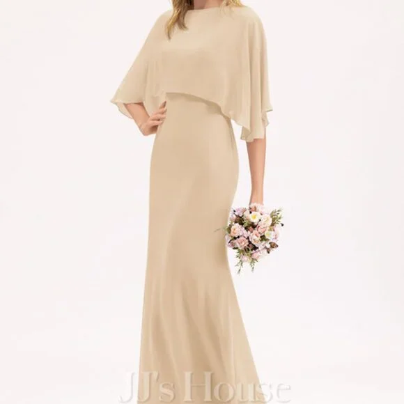 sachin and babi light blue dress Numbersea Sheath Column Tea Length Chiffon Bridesmaid Dress with Long See Through Sleeves, Blush main image 1